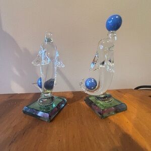 2 Elegant Glass Dolphin Sculptures with Blue spheres some damage see description
